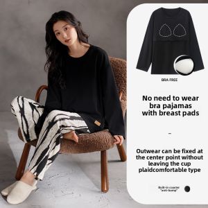 MiiOW | Pure Cotton Sleepwear Womens Spring Autumn Long Sleeve Home Clothes Set With Chest Pad High Sensation Can Wear Outdoors