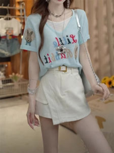 Shalldoer | Casual Style Letter Print Loose Short Sleeve V-Neck Top Womens Summer Fashionable Versatile Fake Two-Piece T-Shirt