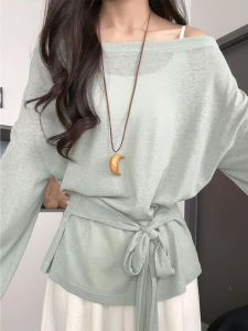 LANMENGYA | Mint See-through Waist-accentuated Off-shoulder Sunscreen Spring T-shirt