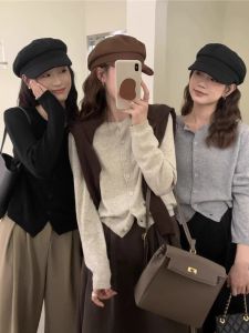 เสื้อคาร์ดิแกนถักคอตั้งสไตล์เกาหลีสำหรับผู้หญิง ฤดูใบไม้ร่วง/ฤดูหนาว เสื้อสเวตเตอร์แขนยาวทรงหลวม สไตล์เกาหลี แขนยาว ปกติ