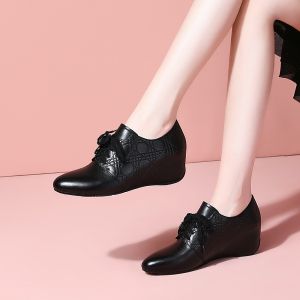 Leather round Toe Wedge Heel Womens Shoes Soft Bottom Increased Height Spring Autumn Versatile 2025 Spring Style Small Figure