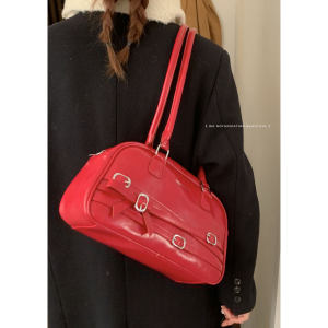 Trendy Retro Large Capacity Handheld Commuter Bag Womens 2024 New Style Simple Red Wedding Bag Underarm Bag Soft PU Leather