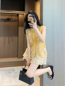 HUANJI | Slimming Youthful Designed V-Neck Tie Sleeveless Blouse