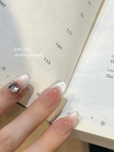 Handmade Pure Handwear Nail Art Almond French Style Cat Eye Nude Shiny Diamond Nail Stickers Medium Length False Nails