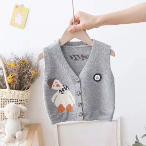 Fashionable Knitted Cartoon Baby Girl Vest Spring Autumn 2024 Infant Pocket Square Korean Style Open Cardigan for Boys And Girls