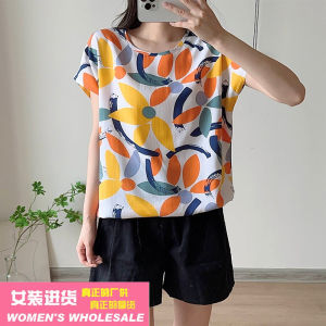 Summer Floral Cotton Silk Short Sleeve Base Shirt Loose Casual Style Slimming Thin T-Shirt round Neck Splice Element Casual Fashion