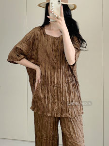 Folded Summer Sleeveless Womens T-shirt Crumpled Base Layer Slimming Design Polyester Fabric round Neck Short Sleeve Top