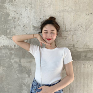 Plain Round Neck Knitted Blouse for Women Short Sleeve T-shirt
