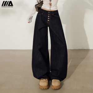 American Style Retro Wide Leg Denim Jeans Womens Multi-Buckle Design Loose Slimming Versatile Knife Pants Casual Cotton