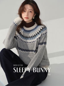 Contrast Color Cables Round Neck Sweater Women Slim Fit Loose
