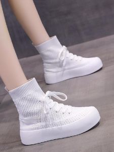 High-Top Knitted Sock Shoes Womens Spring Autumn Thin Casual Sports Flat Bottom Slip-On Breathable Slimming Knitted Boots