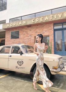 P014-004 PIMNADACLOSET - Spaghetti Strap Sweetheart Neck Print Slit Midi Dress