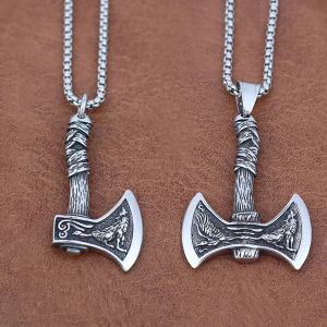 Boutique Stainless Steel Viking Wolf and Odin Crow Axe Pendant Necklace Vintage Mens Nordic Popular Jewelry for Birthday Gifts