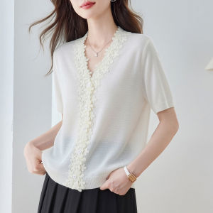 BAIWEISILI | Lace Hollow Pure Color Knit T-Shirt Cardigan Light Summer Ice Silk