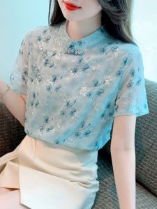 Summer Short Sleeve Womens Shirt Beautiful Loose Frock Elegant Floral Print Chiffon Top Stylish Cover Belly Trendy Design