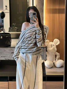 YUEZHONGWEI | Asymmetrical Shoulder Long Sleeve T-Shirt Women Summer Thin Linen Blend Sun Protection Casual Top Striped Ice Silk Air Conditioner Shirt