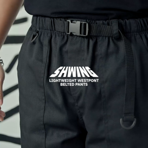 SHWING กางเกงขายาวเข็มขัด เอวยืด ผ้าเวสปอยท์ ทรงหลวม สไตล์ญี่ปุ่น SHWING BELTED PANTS