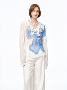 Stylish Versatile Blue Flower Print Wool Blend Knit Blouse