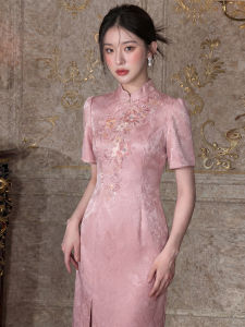 Summer Pink Wedding Cheongsam with Heavy Embroidery Acetate