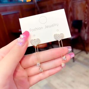 Korean Love Rhinestone Long Tassel Temperament Trendy Earrings S925