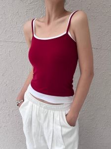 Red Design Sensation Womens Slim Fit Tank Top Inner Wear Outdoor Casual Wear U-Neckline Cotton Blend Elastic Fiber