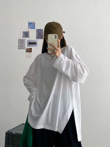 Loose Long Sleeve T-Shirt Womens Basic Solid Color Side Slit round Neck Korean Style Autumn Fashion Casual Slimming Top