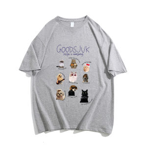 เสื้อยืดแขนสั้นผ้าฝ้ายแท้สไตล์อเมริกันย้อนยุคสำหรับผู้หญิงในช่วงฤดูร้อน เสื้อยืดแขนสั้นพิมพ์ลายสุนัขแบบหลวมๆ ที่สวมใส่สบาย