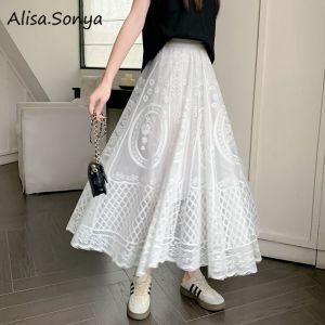 (CLE)Alisa.Sonya Womens Spring New Hollow Lace Half length Skirt with High Waist for Slimming and Long Umbrella Skirt