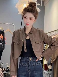 Burgundy Short Leather Jacket Womens Spring Autumn American Retro Popular Small Size Slimming Motorcycle PU Leather Jacket