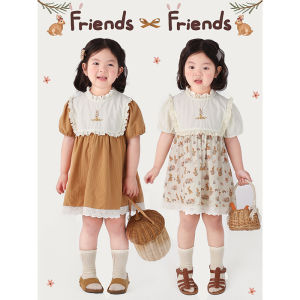 Princess Style Floral Print Cotton Blend Skirt for Girls Summer New Arrival Korean Style Short Sleeve Dress for Little Girls