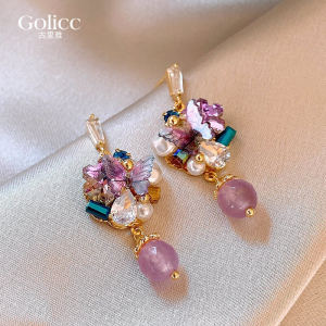 Fresh Purple Crystal Flower Earrings Womens Fashion Jewelry Elegant Design Sensation Summer New Style Alloy Plated Silver
