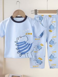 Cute Childrens Cotton Pajamas Short Sleeve Long Pants Summer Thin Set Girl Baby Home Clothes Comfortable Breathable Sleepwear