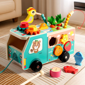 Wooden Farm Truck Multifunctional Toy - Shape Sorting Fishing And Bead Maze Suitable For Early Educational Toys For Toddlers