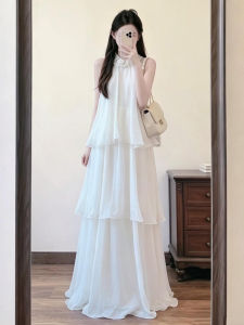 ZHENMANZI | Stylish Resort French Style White Neck-Looped Dress