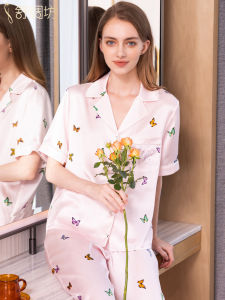 SHUCHOUFANG | Luxurious Style Short Sleeve and Long Pants Silk Pajama Set