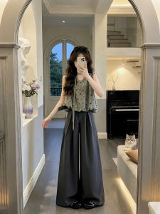 XUECAIQI | Dotted Sleeveless Top and High Waist Wide Leg Trousers Set