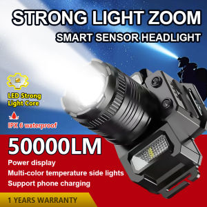 50000LM Strong Headlight Flashlight Rechargeable Waterproof Zoon Headlamp LED Sensor Outdoor Camping