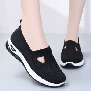 Black Rubber Shoes For Women Fashion Slip On Mesh Walking Shoes For Woman Fly Knitting Comfortable Casual Shoes