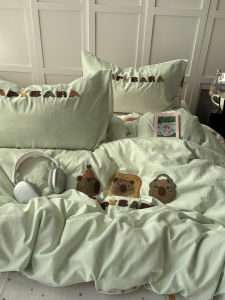 Style Cartoon Towel Embroidery Bedding Set Dormitory Washed Cotton Three-Piece Sheet Set Double Color Block Four-Piece Quilt Cover