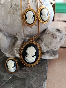 Victorian Black White Lady Cameo Statement Gold Plated Stainless Chain Necklace Ring Earrings Set