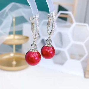 Bông tai nữ ngọc trai đỏ nhân tạo size đại mạ vàng thật đính đá zircon siêu sáng
