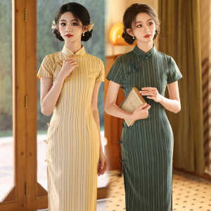 Young Womens Long Stripe Qipao Dress Cotton Linen Retro Artistic Slimming Chinese Style Spring Summer New Version Low Slit