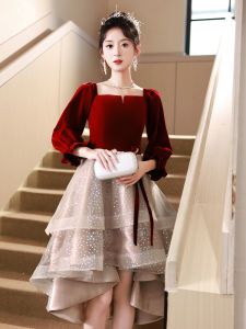 ชุดราตรีคู่เจ้าสาวแขนยาวหรูหรา ชุดเสื้อผ้าทำงานฤดูใบไม้ร่วงและฤดูหนาว ชุดเดรสยาวสั้น ชุดราตรี