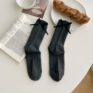 Ballet Style Bow Socks Womens Summer Thin Japanese Style JK Lolita Vertical Pattern Pure Color Spring and Autumn Sweet Bunching Socks