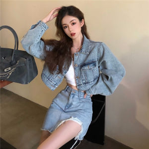 High Waist American Retro Denim Skirt Set Women Spring Autumn New Style Spicy Girl Uneven Skirt Two Piece Set Fashionable Womens Clothing