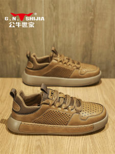 Bull Family Mens Shoes Autumn Hollow Mesh Anti-Odor Casual Leather Shoes Mens Retro Sports Thick Bottom Work Style Shoes