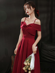 Elegant French One-Shoulder Red Wedding Dress Short Sleeve Long Evening Gown Slim Fit for Engagement Party Performance