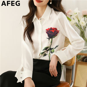 AFEG new Korean version of shirt collar fashion everything temperament real silk satin printed long-sleeved blouse for women