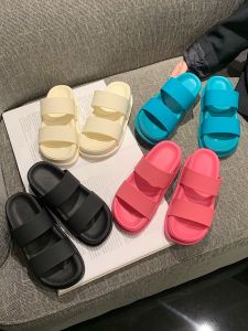 Summer Fashion Thick Heel Sandals Womens Casual Double Strap Slippers Indoor Outdoor Wear Beach Flip Flops Simple Pure Color
