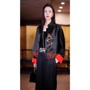 BEBE NOBLE High-End Chinese Style Retro Tang Suit Jacket Womens Short Black Satin Outerwear Spring New Arrival